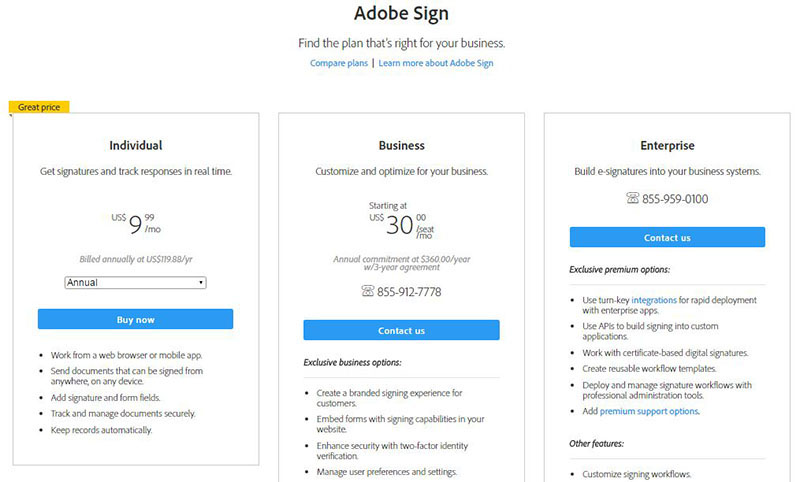 Adobe sign pricing
