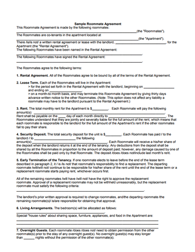 Roommate Lease Agreement Template- Free Download, Edit, Print and Sign